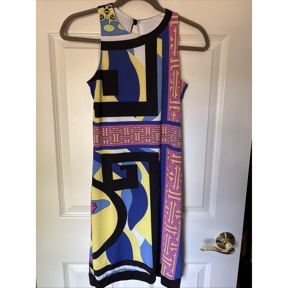 Analili Dress Colorful geometric print sleeveless dress lined sz s keyhole back